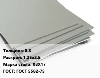 Лист нержавеющий 0.8 1.25х2.5 Сталь: 08Х17 ГОСТ 5582-75